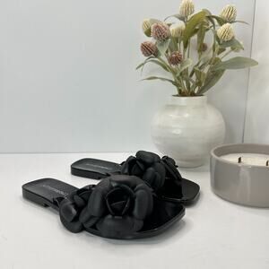 Jeffrey Campbell Floralee Rosette Flower Slide Sandals Black Shiny Women's 6